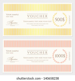 Voucher / Gift certificate template with colorful stripy pattern and border. Background usable for coupon, banknote, money design, currency, note, ticket, check etc. Vector in vintage color