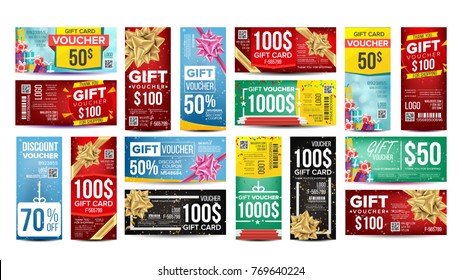 Voucher Gift Design Vector. Set Horizontal Vertical Gifts Banners. Shop Advertisement. For Shopping Cards, Discount Coupon. Marketing Illustration