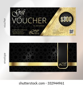 Voucher, Gift luxury certificate, Coupon template. Vintage pattern. Background design for invitation, ticket, banknote, money design, currency, check (cheque). Black, gold vector