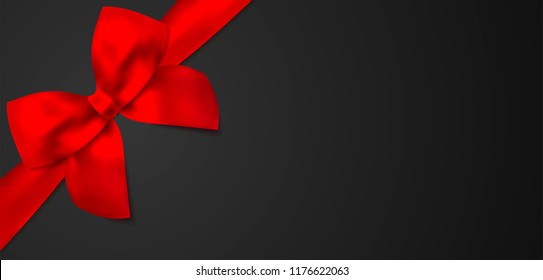 Voucher, holiday reward card, Gift certificate, Coupon template. Red bow, red ribbon on black background. Blank vector design gift card