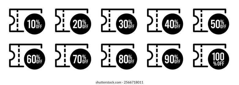 Voucher icon set. Coupon 10%, 20%, 30%, 40%, 50, 60%, 70%, 80%, 90%, 100% off discount, bonus, gift, claim, black, line, icons, badge, tag, label, flat isolated on background. Vector illustration