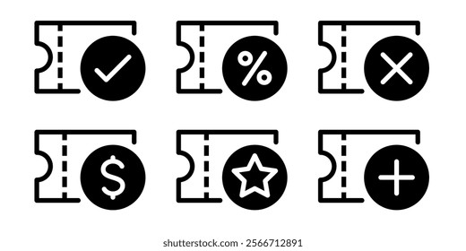 Voucher icon set. Coupon, discount, logo, money, checkmark, mark, bonus, gift, coupon, claim, black, line, label, flat  isolated on background. Vector illustration.