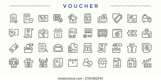 Conjunto de iconos de cupón. Conjunto de iconos modernos de regalo. Signo y Símbolo. Pictogramas de Cupones, Cupones, entradas, entradas, regalo, tarjeta y más. Trazo editable. colección de Vector.