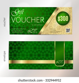 Voucher, Luxury Gift certificate, Coupon template. Vintage pattern. Background design for invitation, ticket, banknote, money design, currency, check (cheque). Green, gold vector