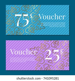 Voucher on 25 -75$ set of posters with gold tags label on ribbons with bow background snowflakes. Gift certificates with place for text vector