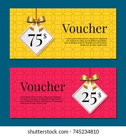 Voucher on 25 -75$ set of posters with gold tags label on ribbons with bow on abstract yellow and pink. Gift certificates with place for text vector