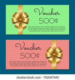Voucher on 500$ set of gift certificates for discounts in fashionable stores vector. Posters with gold ribbons and bows with calligraphy texts inscription