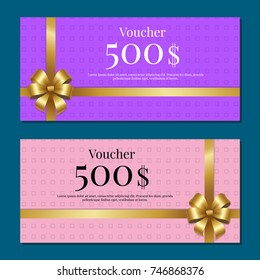 Voucher on 500$ set of gift certificates for discounts in fashionable stores vector. Posters with gold ribbons and bows on abstract purple and pink