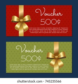 Voucher on 500$ set of posters with gold ribbons and bows on abstract color background. Gift certificates for discounts in fashionable stores vector