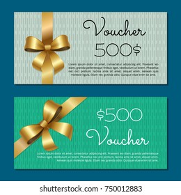Voucher on 500$ set of posters with gold ribbons and bows on abstract red and green. Gift certificates with calligraphic inscription text