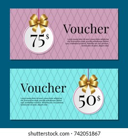 Voucher on 50-75$ set of posters with gold tags label on ribbons with bow on abstract blue and purple. Gift certificates with place for text vector