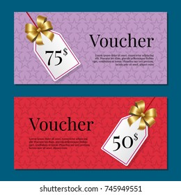 Voucher on 50-75$ set of posters with gold tags label on ribbons with bow on abstract red and purple Gift certificates with place for text vector