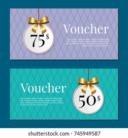 Voucher on 50-75$ set of posters with gold tags label on ribbons with bow on abstract blue and purple Gift certificates with place for text vector