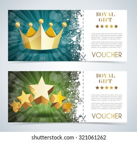 Voucher premium template with gold crown and gold stars.