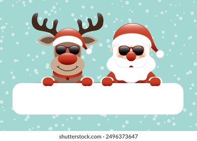 Voucher Reindeer And Santa Claus Sunglasses Copy Space Snow Turquoise Dark Red