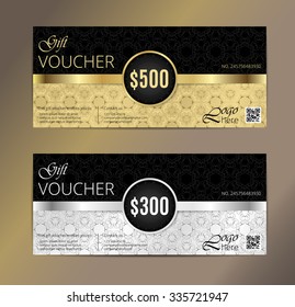 Voucher set, Gift certificate, Coupon template. Floral, scroll pattern. Background design for invitation, ticket, cheque. Black, gold, silver vector