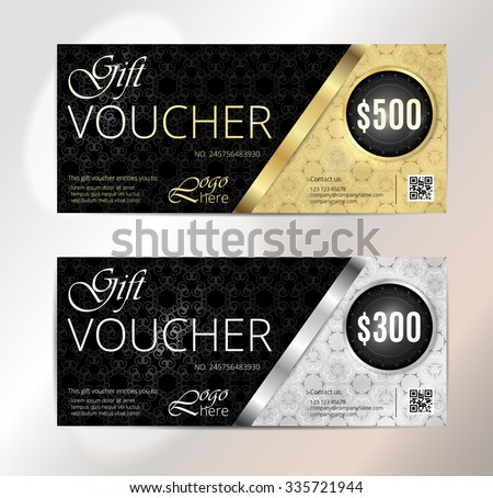 Voucher set, Gift certificate, Luxury Coupon template. Floral, scroll pattern. Background design for invitation, ticket, cheque. Black, gold, silver vector
