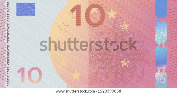 Voucher template banknote 10 with guilloche\
pattern watermarks and border. Yellow pink background banknote,\
gift voucher, coupon, money design, currency,note,check, cheque,\
reward, certificate\
design.