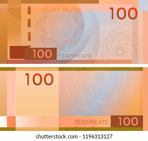 Voucher template banknote 100 with guilloche pattern watermarks and border. Green background banknote, gift voucher, coupon, diploma, money design, currency, note, check, cheque, reward. certificate