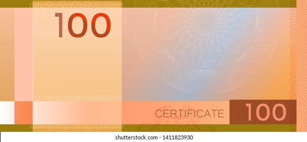 Voucher template banknote 100 with guilloche pattern watermarks and border. Green background banknote, gift voucher, coupon, diploma, money design, currency, note, check, cheque reward certificate