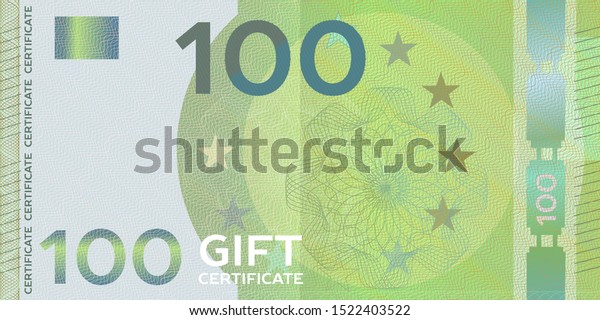 Voucher template banknote 100 with guilloche\
pattern watermarks and border. Yellow background for gift voucher,\
coupon, money design, currency,note, check, cheque, reward,\
certificate design.