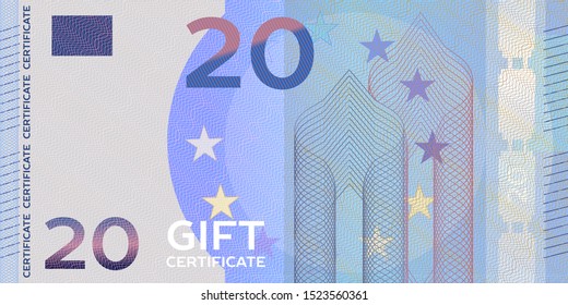 Voucher template banknote 20 with guilloche pattern watermarks and border. Yellow background for gift voucher, coupon, money design, currency,note, check, cheque, reward, certificate design.