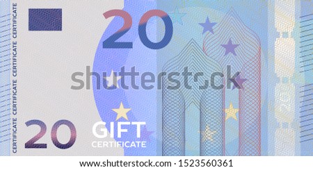 Voucher template banknote 20 with guilloche pattern watermarks and border. Yellow background for gift voucher, coupon, money design, currency,note, check, cheque, reward, certificate design.