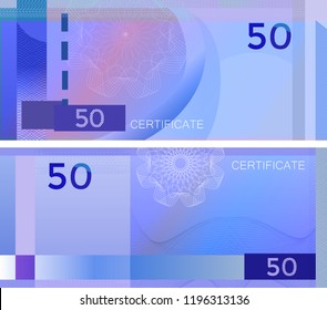 Voucher template banknote 50 with guilloche pattern watermarks and border. Blue background banknote, gift voucher, coupon, diploma, money design, currency, note, check, cheque, reward. certificate