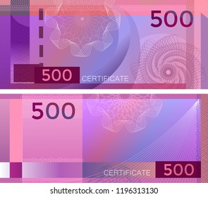 Voucher template banknote 500 with guilloche pattern watermarks and border. Purple background banknote, gift voucher, coupon, diploma, money design, currency, note, check, cheque, reward. certificate