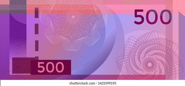 Voucher template banknote 500 with guilloche pattern watermarks and border. Purple background banknote 