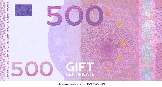 Voucher template banknote 500 with guilloche pattern watermarks and border. Violet background for gift voucher, coupon, money design, currency, note, check, reward, certificate design
