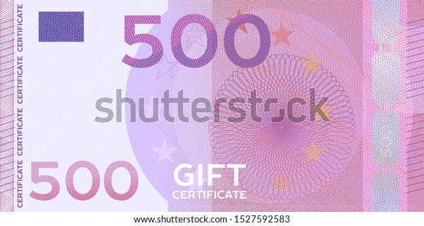 Voucher template\
banknote 500 with guilloche pattern watermarks and border. Violet\
background for gift voucher, coupon, money design, currency, note,\
check, reward, certificate\
design