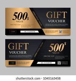 Voucher template with black and gold certificate. Background design coupon, invitation, currency. Set of stylish gift voucher with golden pattern. gift card, coupon.Isolated from the background.
