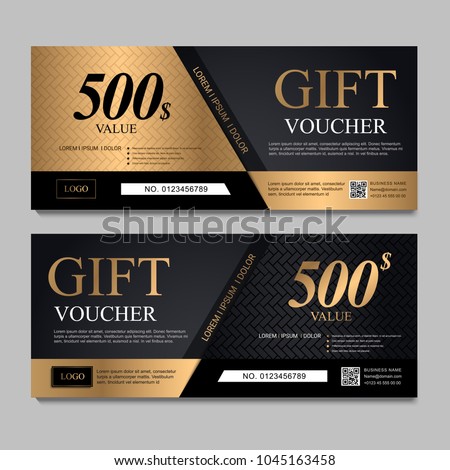 Voucher template with black and gold certificate. Background design coupon, invitation, currency. Set of stylish gift voucher with golden pattern. gift card, coupon.Isolated from the background.