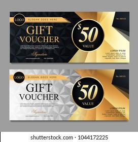 Voucher template with black and white certificate. Background design coupon, invitation, currency. Set of stylish gift voucher with golden pattern. gift card, coupon.Isolated from the background.