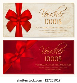 Voucher Template With Border And Red Bow (ribbons). This Background Design Usable For Gift Coupon, Voucher, Invitation, Certificate, Diploma, Ticket Etc. Vector