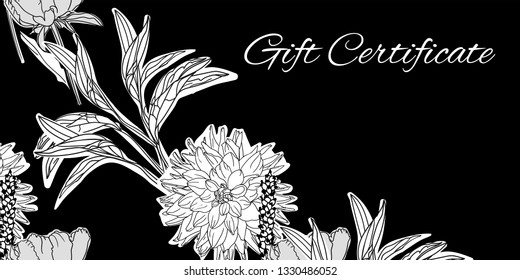 Voucher template, certificate. Background design coupon, invitation, currency. Luxury black  background with hand drawn floral elegant elements. Vector