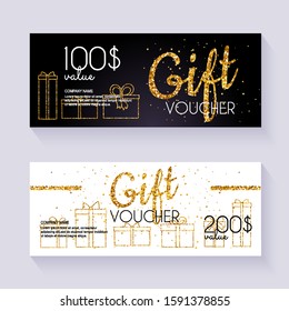 Voucher template with color gift box, certificate. Background design coupon, invitation, currency. Vector illustration.