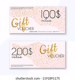 Voucher template with color gift box,certificate. Background design coupon, invitation, currency. Vector illustration.