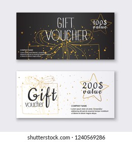 Voucher template with color gift box,certificate. Background design coupon, invitation, currency. Vector illustration.