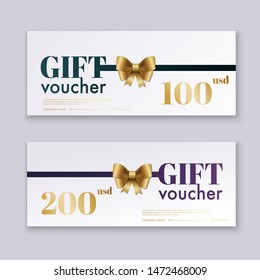 Voucher template with color gift box,certificate. Background design coupon, invitation, currency. Vector illustration.