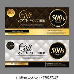 Voucher template with dark brown, silver and gold. Background design coupon, invitation, currency. Set of stylish gift voucher pattern. gift card, coupon. Isolated from the background.