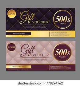 Voucher template with dark purple, pink and gold. Background design coupon, invitation, currency. Set of stylish gift voucher pattern. gift card, coupon. Isolated from the background.