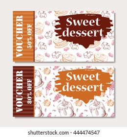 Voucher template design. Modern style for cafe, restaurant. Coupon for customer sale. Vector dessert illustration.