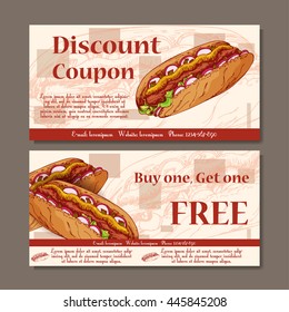 Voucher template design. Modern style for cafe, restaurant. Coupon for customer sale. Vector fast food illustration.