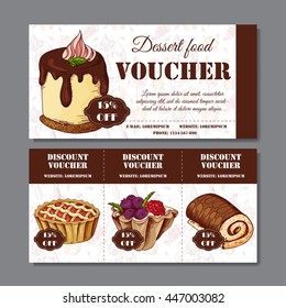 Voucher template design. Modern style for cafe, restaurant. Coupon for customer sale. Vector dessert illustration.