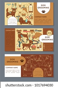 Voucher template for the dog grooming. Vector flyer. Horizontal banner with different breeds of dogs and care for them (brushing, trimming, eye care, ear cleaning, nail trimming), tools and supplies.