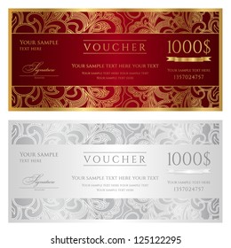 Voucher template with floral pattern and border. This design usable for gift voucher, coupon, diploma, certificate or different awards. Vector illustration in red, gold and silver colors