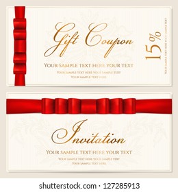 Voucher template with floral pattern, border and red bow (ribbons). Design usable for gift coupon, voucher, invitation, certificate, diploma, ticket etc. Corrugated background. Vector