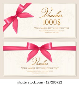 Voucher template with floral pattern, border and red bow (ribbons). Design usable for gift coupon, voucher, invitation, certificate, diploma, ticket etc. Corrugated background. Vector